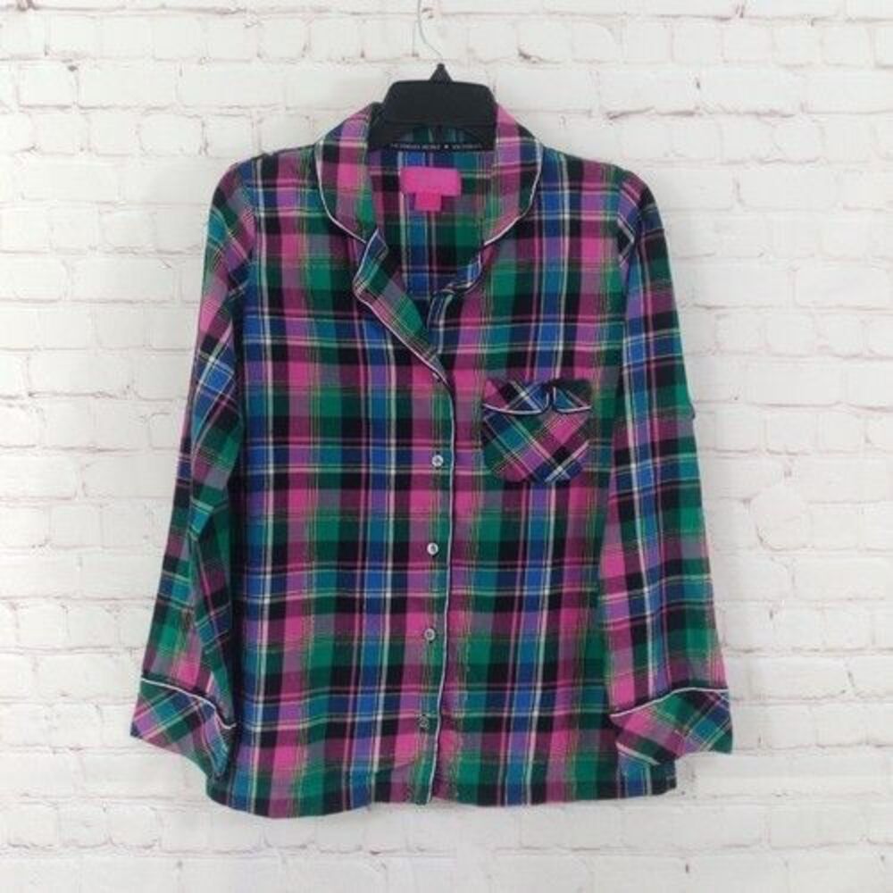 Victoria's Secret Pajama Top Womens XS Pink Plaid Metallic Cotton Flannel Shirt